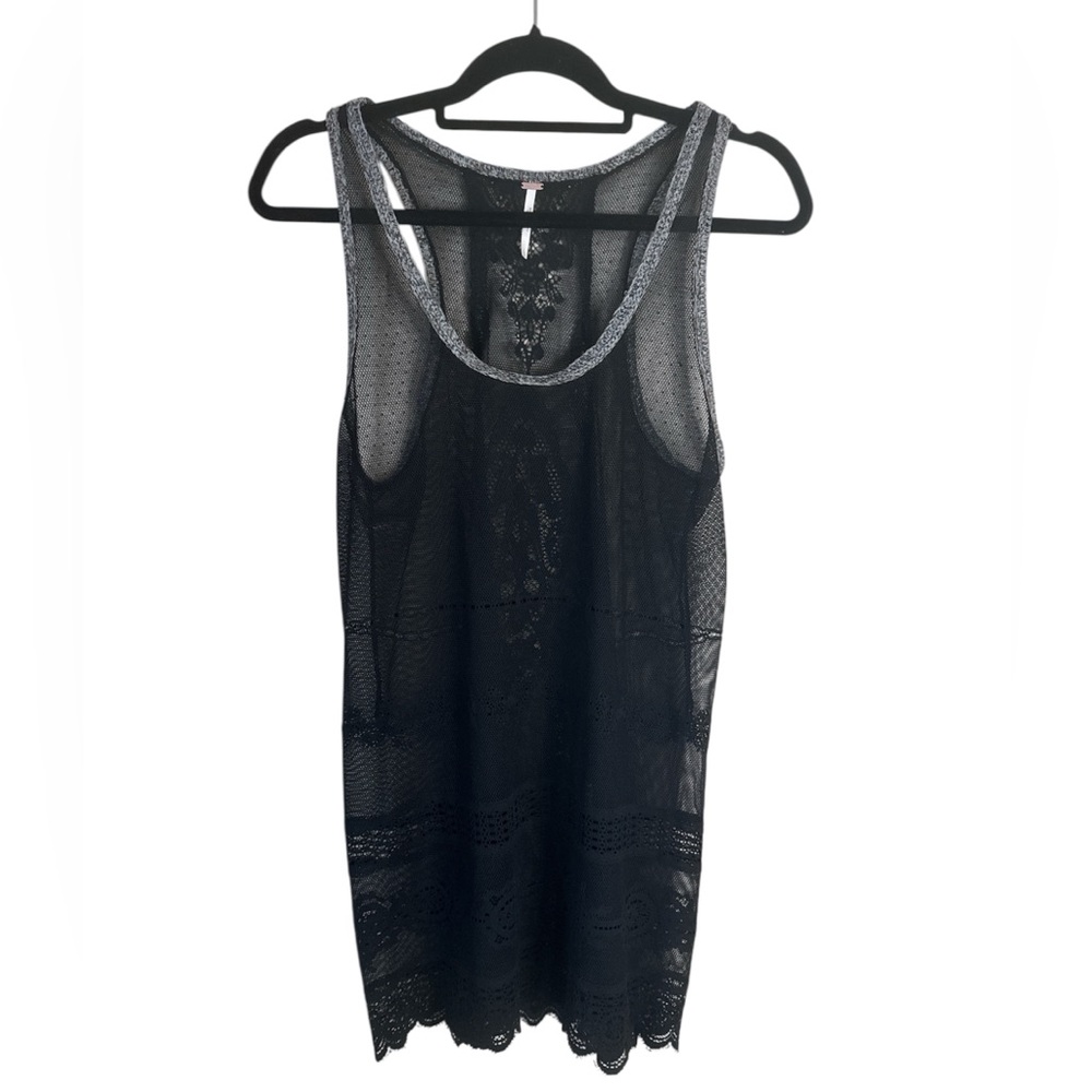 FREE PEOPLE WOMENS LACE DETAILED FLOWY BLACK TANK TOP NWOT - LG
